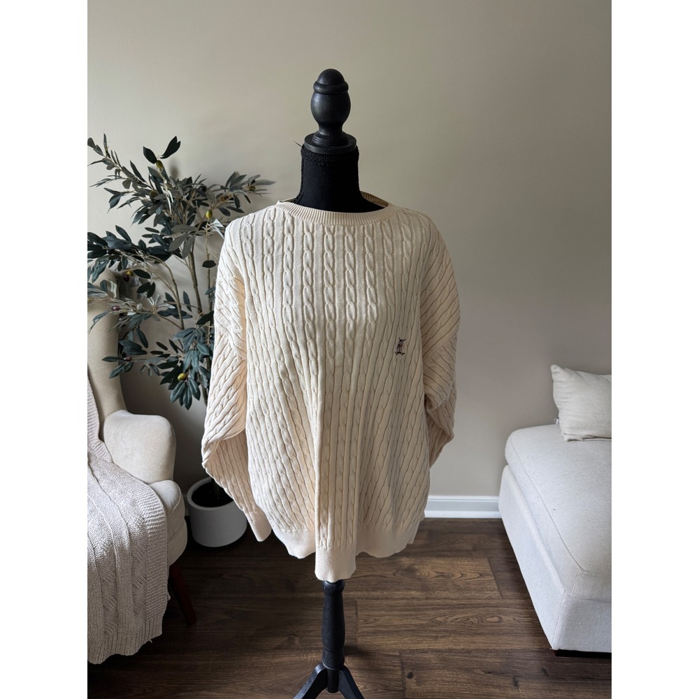 Tommy Hilfiger Golf Cream Cable Knit Cotton Sweater Mens Large Crewneck Vintage